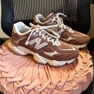 New Balance 9060 Brown and Cream Suede Athletic Sneakers